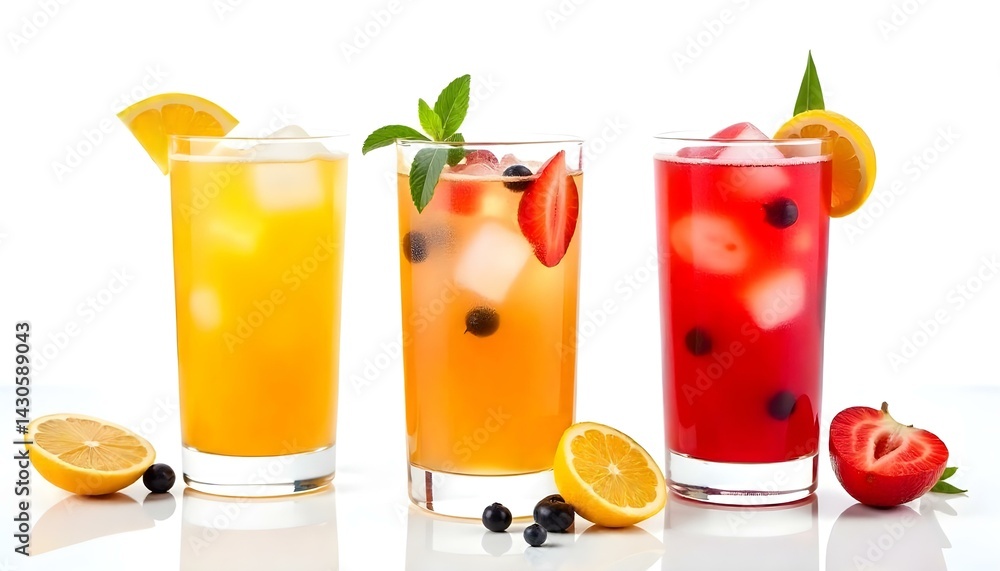 Glasses of fruit drinks with ice cubes isolated on white Glasses of fruit drinks with ice cubes isolated on white