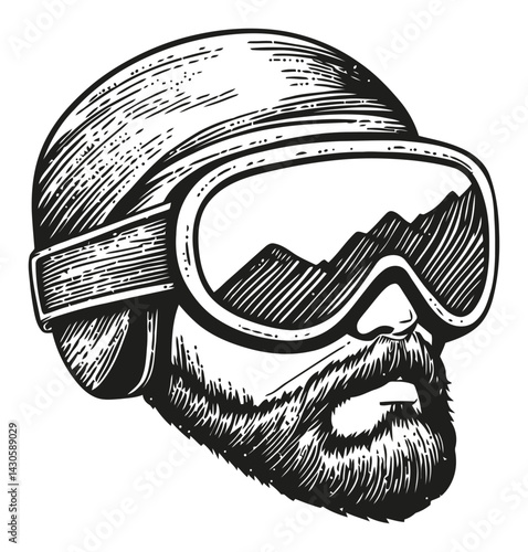 Detailed Engraving of a Man with Snow Goggles and Beard