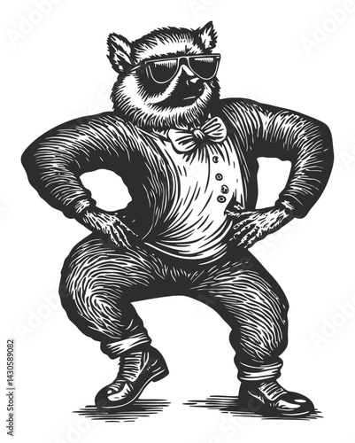 Raccoon in Suit and Sunglasses Engraving Vintage Style Illustration