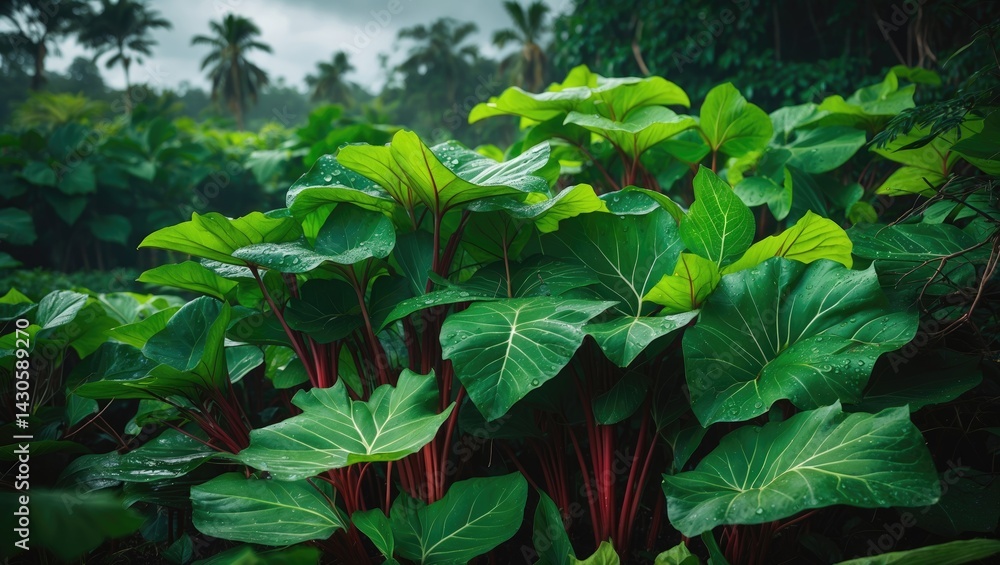 A dense grouping of cassava plants featuring lush green leaves and reddish stems, with broad veined leaves and water droplets. A dense grouping of cassava plants featuring lush green leaves and reddish stems, with broad veined leaves and water droplets.