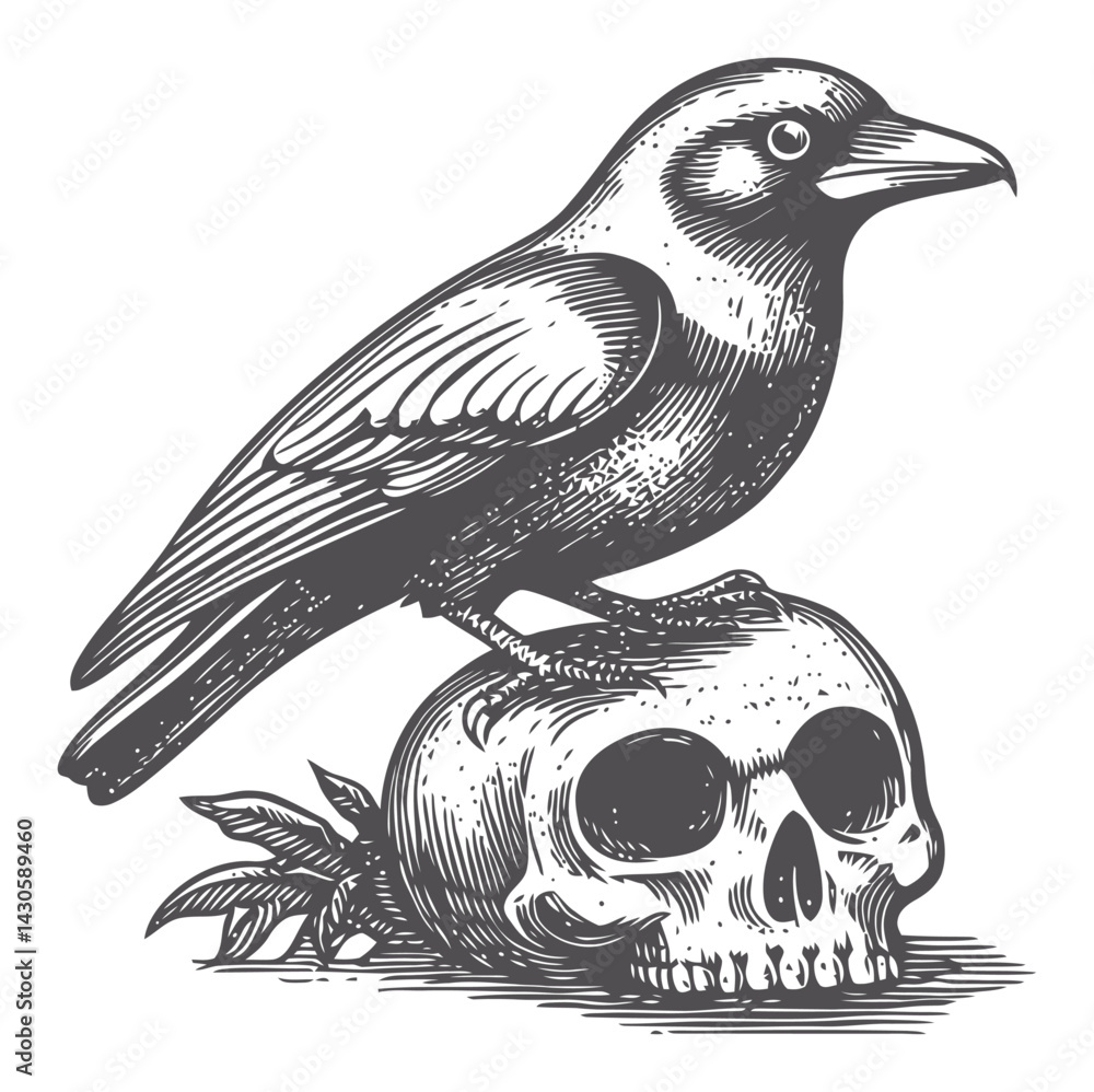 Naklejka premium Vintage Engraving of a Bird on a Skull in Classic Woodcut Style