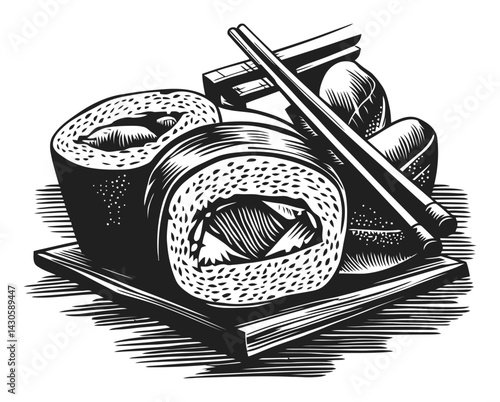 Engraved Illustration of Sushi on Wooden Plate with Chopsticks