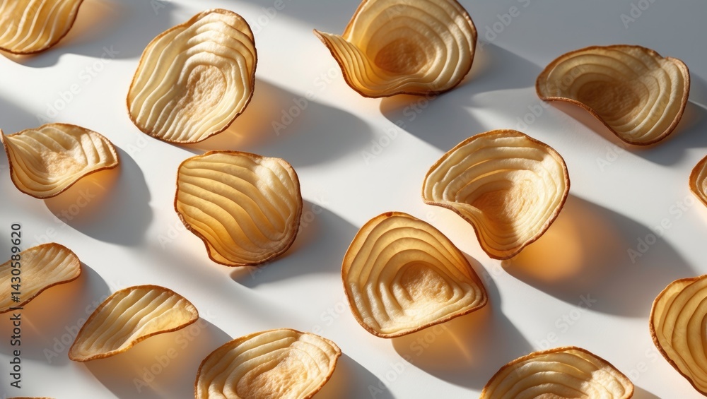 Set of crispy potato chips on white background with golden, salty texture Set of crispy potato chips on white background with golden, salty texture