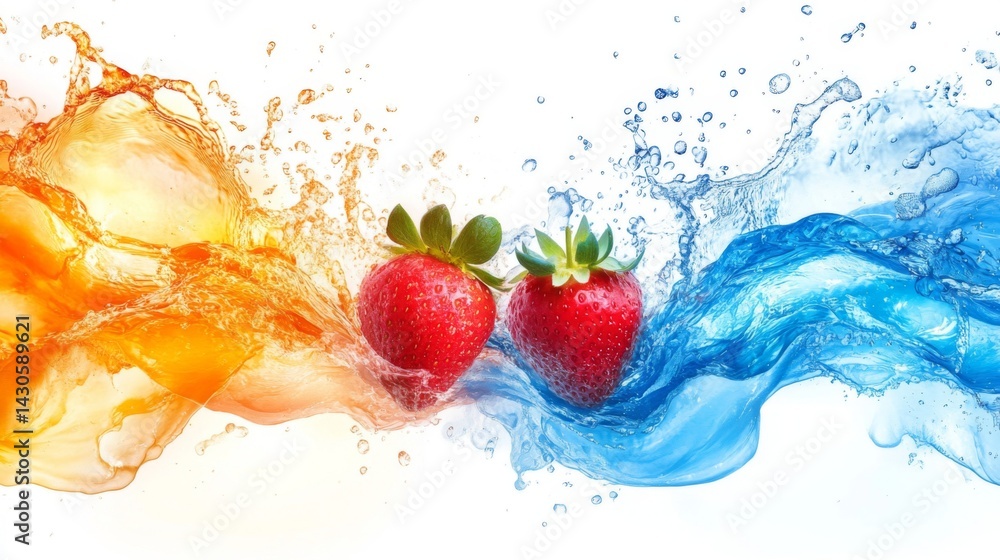 Two Strawberries in Vibrant Orange and Blue Water Splash Two Strawberries in Vibrant Orange and Blue Water Splash