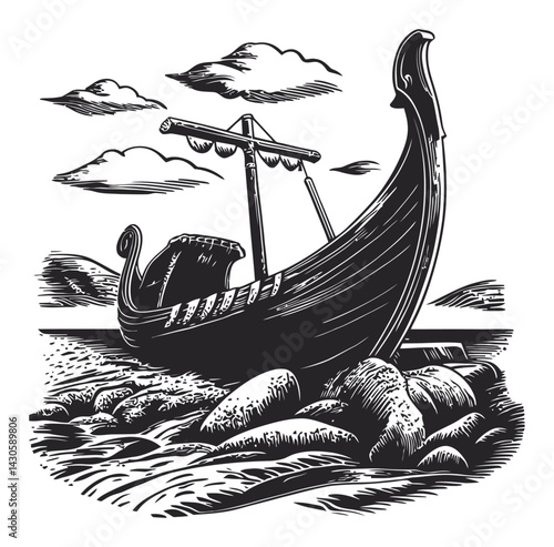 Vintage Engraving of a Viking Ship on Rocky Shoreline