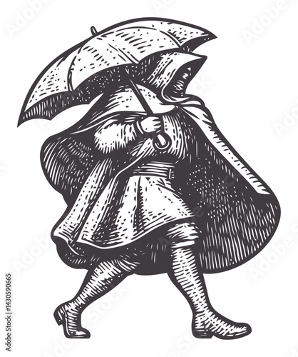 Engraving of a Cloaked Figure Walking with an Umbrella