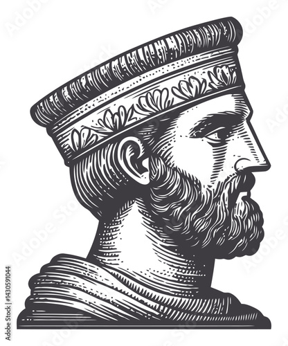 Detailed Profile Illustration of a Regal Character in Woodcut Style