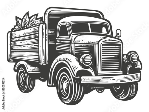 Vintage Woodcut Style Truck Illustration with Leaves in Bed