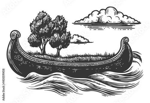 Vintage Engraving of a Canoe with Trees and Clouds on Water