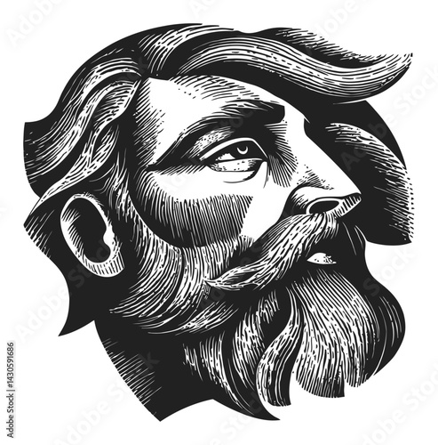 Detailed Engraving of a Male Figure with Flowing Hair and Beard