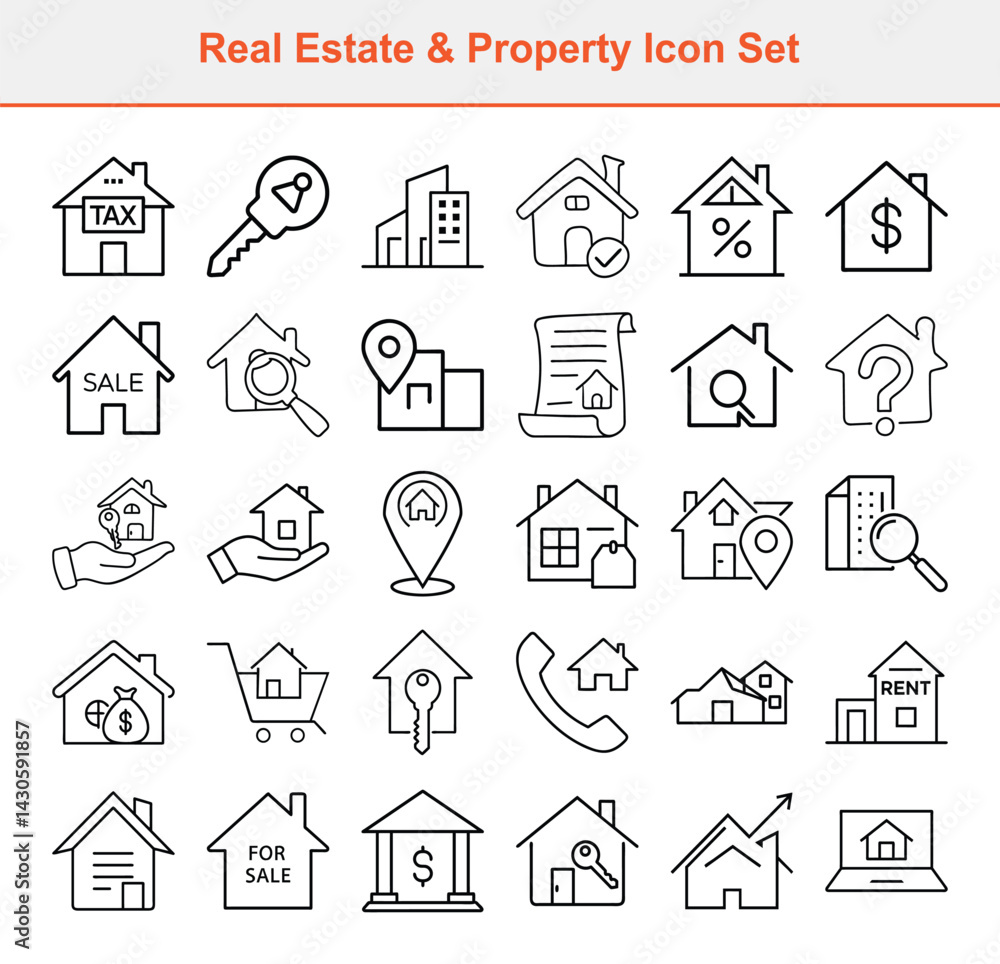 Fototapeta premium Real Estate Line Icons Set Houses, Key, Bank, Sale, Tax, Rent and Other Properties