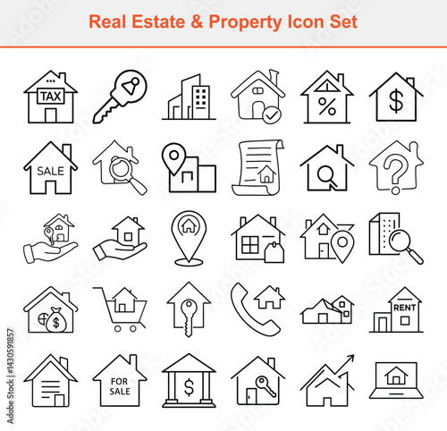 Real Estate Line Icons Set Houses, Key, Bank, Sale, Tax, Rent and Other Properties