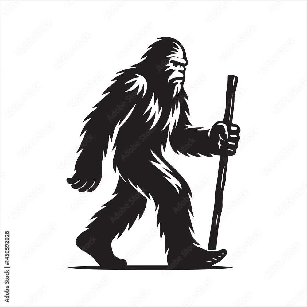 Obraz premium Black and white silhouette of a walking Yeti (Bigfoot) holding a walking stick in one hand
