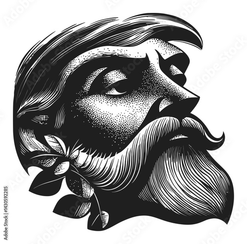 Detailed Black and White Engraving of a Man with Mustache and Leaves