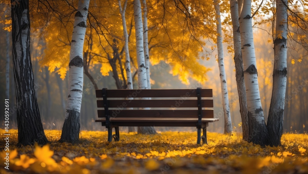 Relaxing spot on a wooden bench amidst fall landscape of trees and leaves Relaxing spot on a wooden bench amidst fall landscape of trees and leaves
