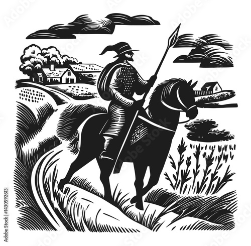 Knight on Horseback in Classic Woodcut Style Engraving Illustration