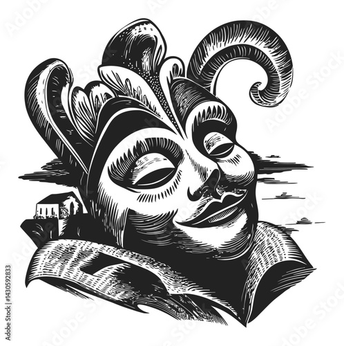 Detailed Woodcut Engraving of a Dramatic Theatrical Mask Design