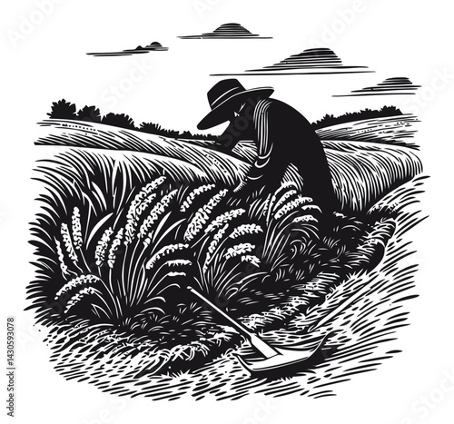 Detailed Black and White Engraving of Harvesting in the Field