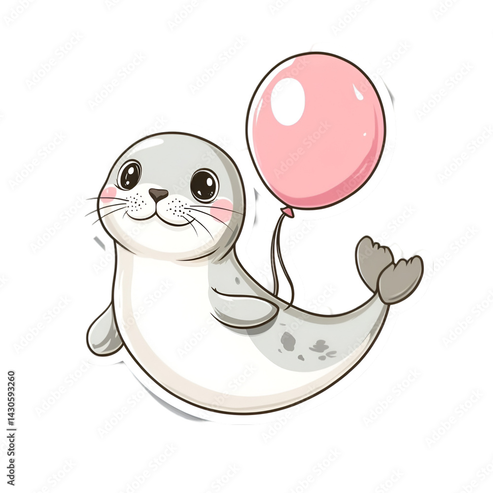 Obraz premium Playful anime seal with balloon creative studio sticker design whimsical environment front view cute illustration