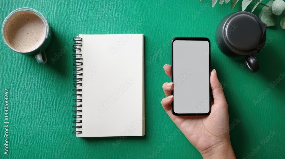 Obraz premium Woman's hand holding smartphone with blank screen, office workspace with green table and coffee.
