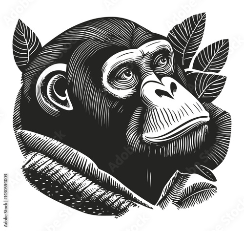 Detailed Black and White Woodcut Style Illustration of a Monkey