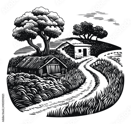 Black and White Engraving of a Rustic Landscape with Trees and Houses