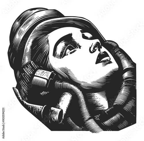 Elegant Engraving Style Head Illustration with Futuristic Elements