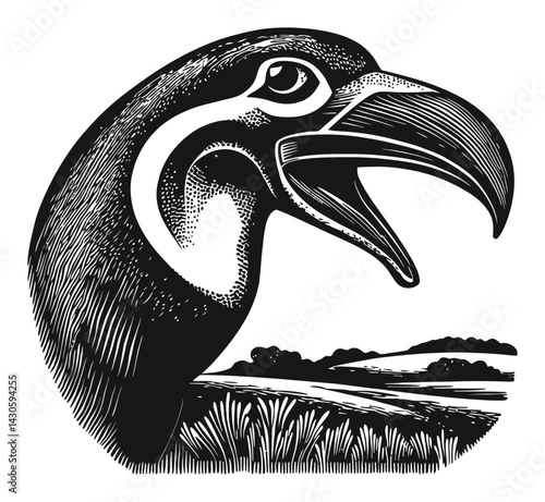 Detailed Woodcut Illustration of a Bird with Dramatic Expression