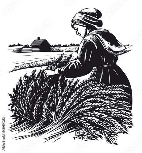 Traditional Woodcut Illustration of Woman Harvesting Wheat Fields