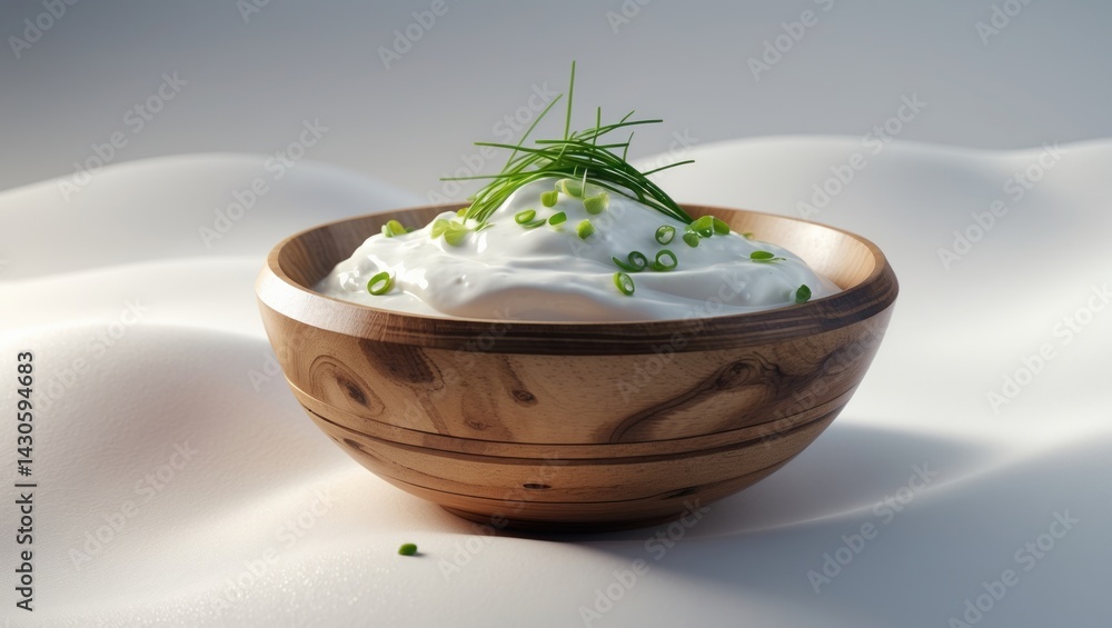 Wooden bowl filled with fresh sour cream herb dip and green onions set against a white backdrop Wooden bowl filled with fresh sour cream herb dip and green onions set against a white backdrop