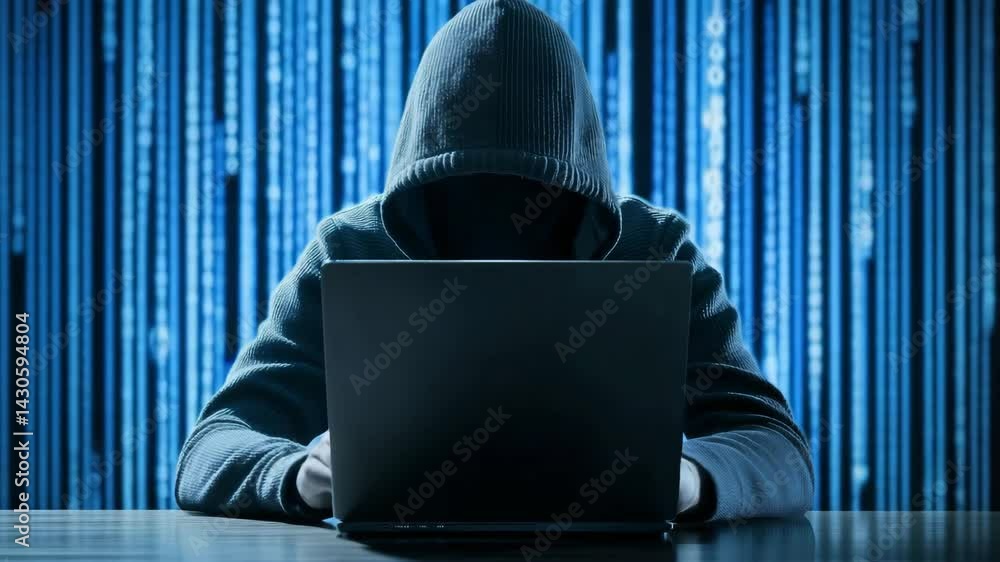 Hooded hacker using laptop for cybercrime and data theft