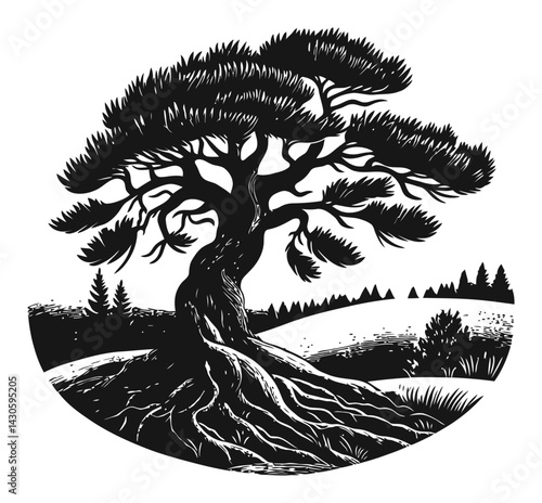 Detailed Black and White Engraving of a Tree with Roots and Landscape