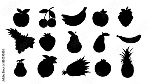 set of Fruits and berries silhouette vector on white background