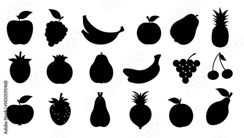 set of Fruits and berries silhouette vector on white background