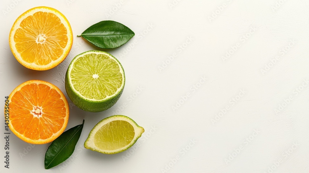Fresh Citrus Fruits Displayed Beautifully With Leaves On White Surface Fresh Citrus Fruits Displayed Beautifully With Leaves On White Surface