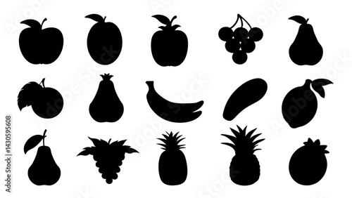 set of Fruits and berries silhouette vector on white background