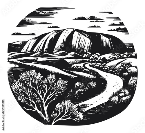 Black and White Illustration of Scenic Mountain Landscape in Engraving Style