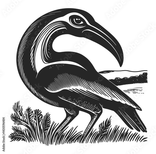 Detailed Engraved Illustration of a Bird in Woodcut Style