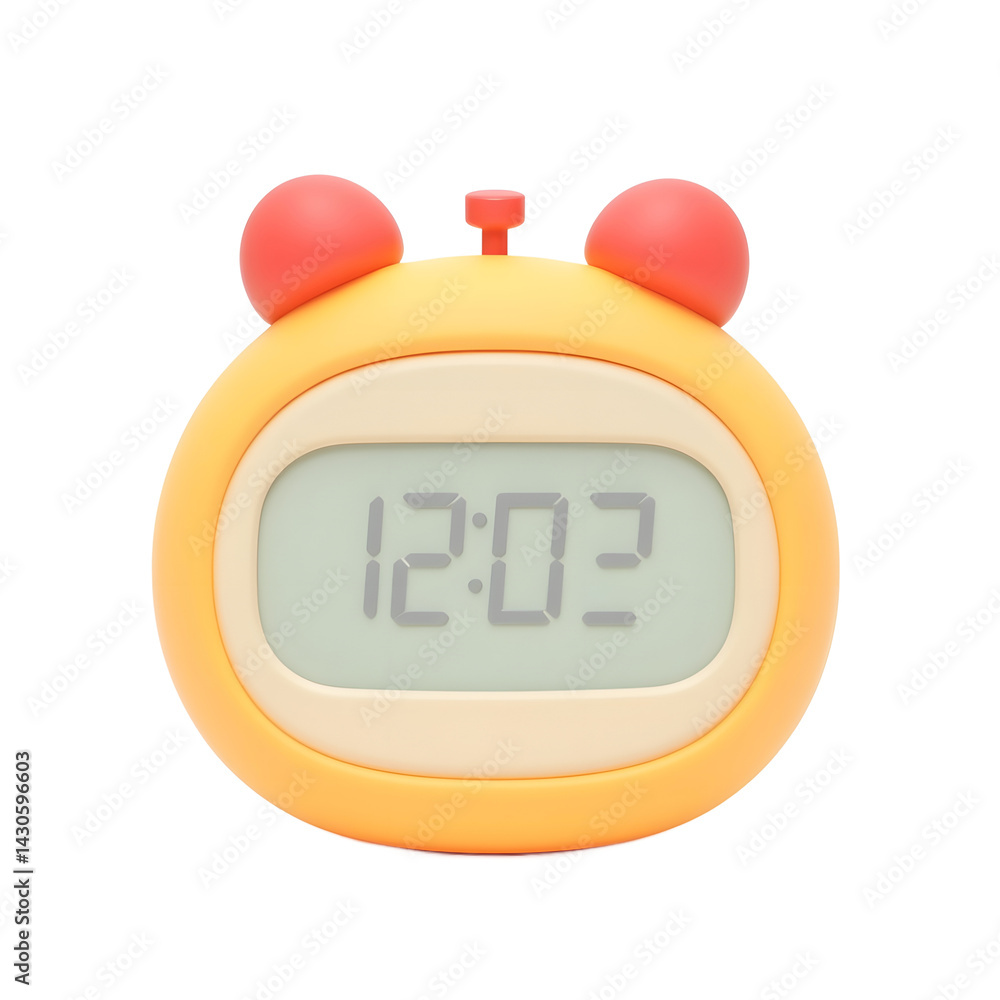 Cute Yellow Alarm Clock Displaying Twelve Oh Two Isolated on White Cute Yellow Alarm Clock Displaying Twelve Oh Two Isolated on White