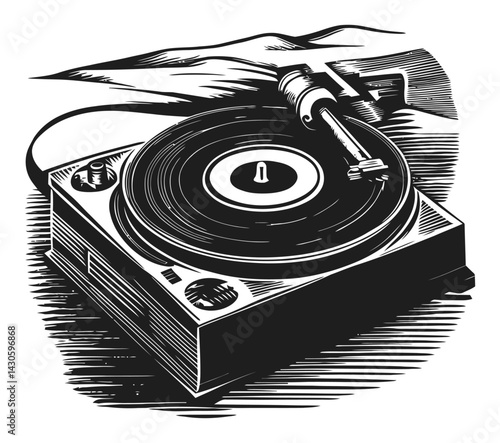 Vintage Record Player Engraving in Classic Woodcut Style