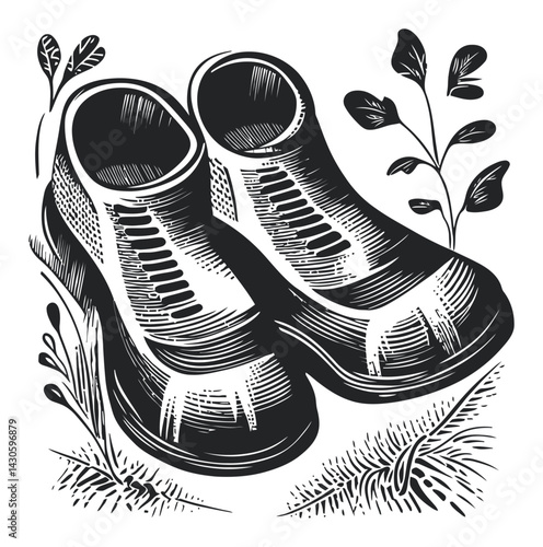 Wooden Engraving of Stylish Shoes Surrounded by Nature Elements