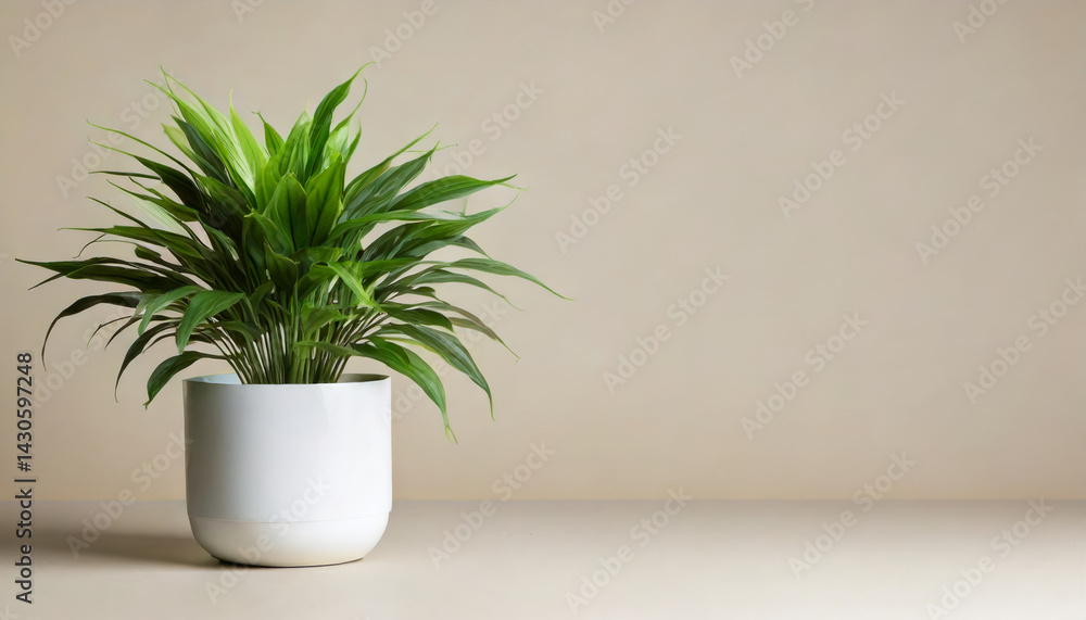 modern potted plant with bright green leaves sits in smooth white pot against neutral background, creating serene and minimalist atmosphere modern potted plant with bright green leaves sits in smooth white pot against neutral background, creating serene and minimalist atmosphere