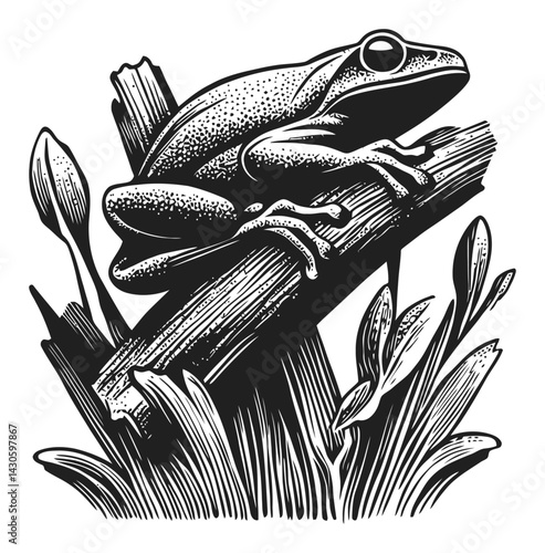 Detailed Woodcut Style Frog Engraving on Natural Background