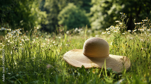 Chapeau de paille sur herbe printanière