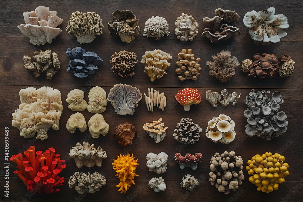 Diverse assortment of mushrooms displayed on a dark wooden surface. Diverse assortment of mushrooms displayed on a dark wooden surface.