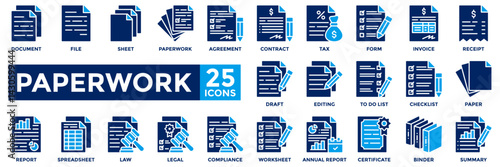 Paperwork icon collection set. Containing document, paper, contract, summary, report, worksheet, binder icon.Simple flat vector illustration.
