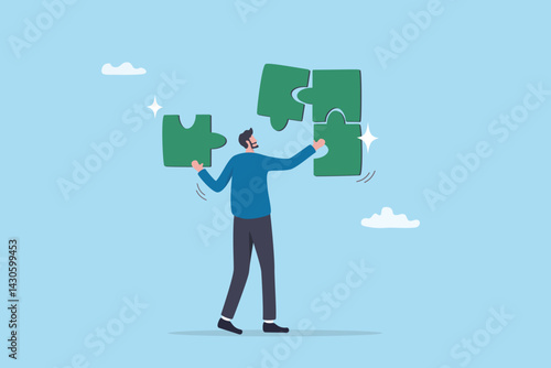 Solve puzzle problem, think of solution, finish or accomplishment, creativity idea or challenge, connect jigsaw piece to resolve work or business trouble, complete jigsaw puzzle.