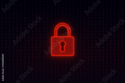 Encrypted code matrix with red padlock centerpiece, horizontal composition, deep black and violet tones, high-tech security vibe
