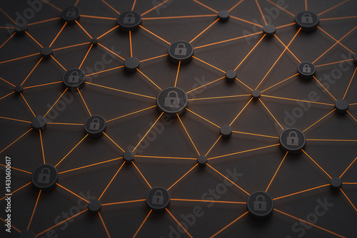 Abstract network of locked nodes with glowing orange connections, horizontal design, matte dark gray base, futuristic cybersecurity aesthetic

