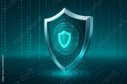 Cyber shield with holographic layers and binary rain, horizontal perspective, cool teal and silver gradients